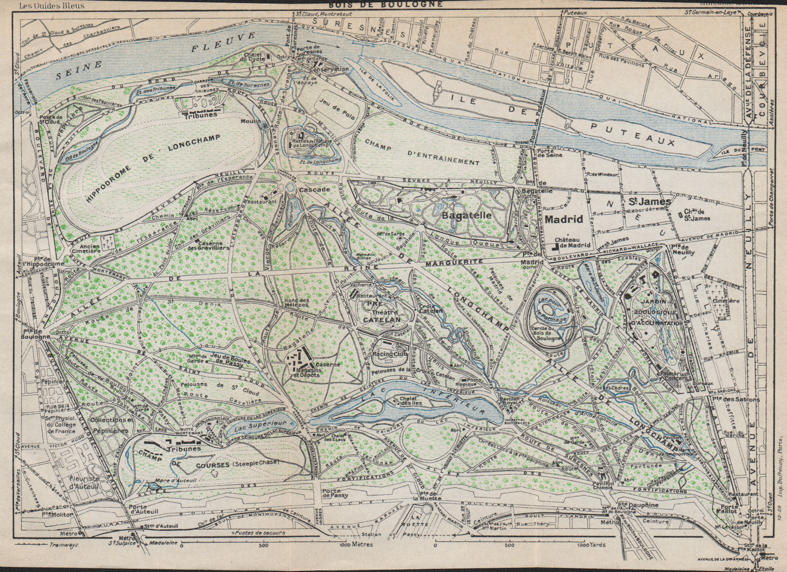 BOIS DE BOULOGNE. Vintage map plan. Paris 1927 old vintage chart